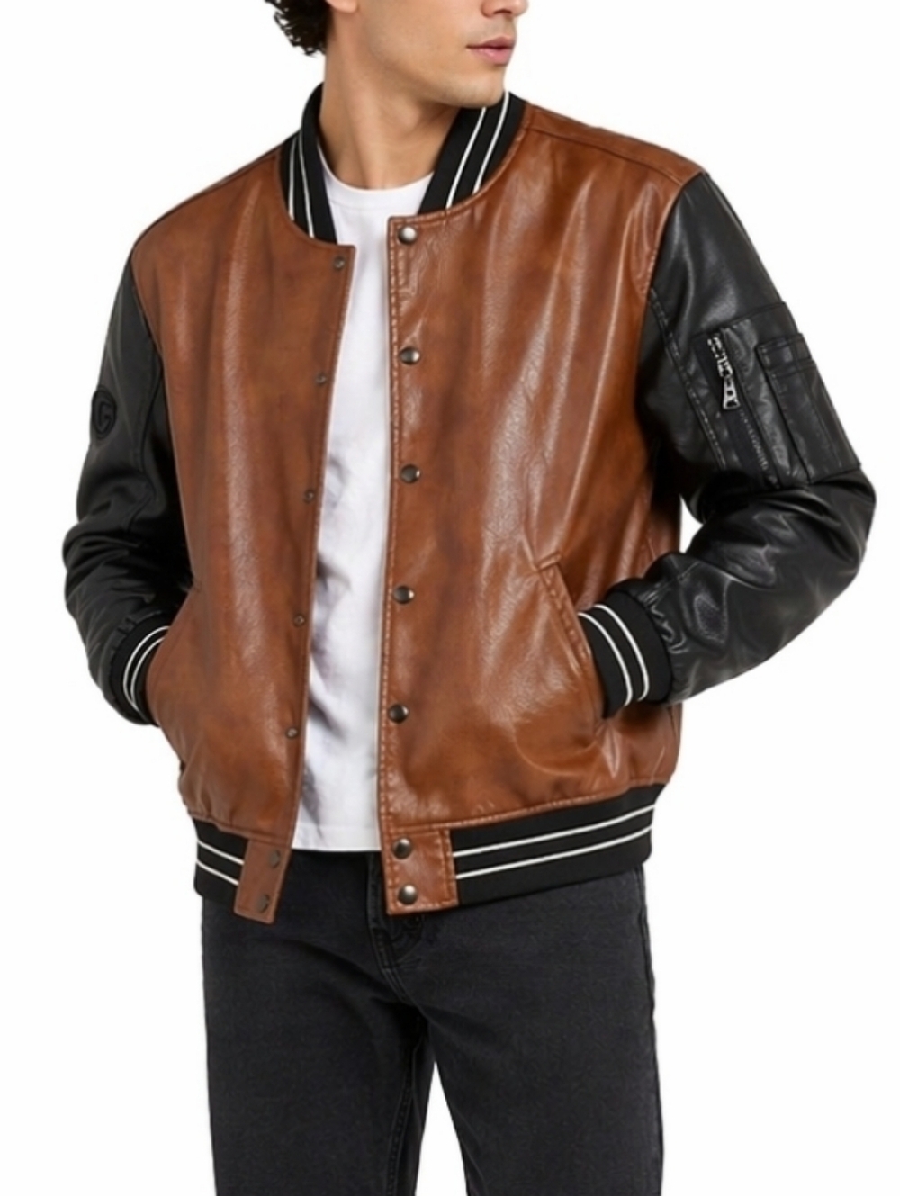 Fried Denim Brown & Black Faux Leather Varsity Bomber Jacket Men's Size Large